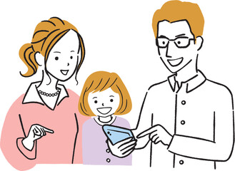 親子3人でスマホをチェック　笑顔の家族上半身　線画
