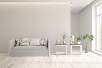 White living room with sofa. Scandinavian interior design. 3D illustration