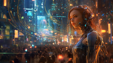 Obraz na płótnie Canvas cyborg woman in the city of the future