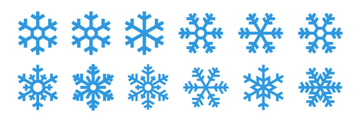 Set blue snowflake icons collection isolated on white background.	