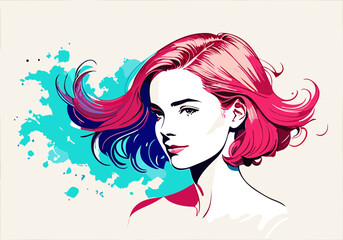 Portrait of beautiful woman with long red hair isolated on white background. Vector illustration.