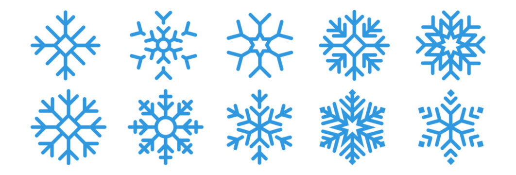 Set blue snowflake icons collection isolated on white background.	