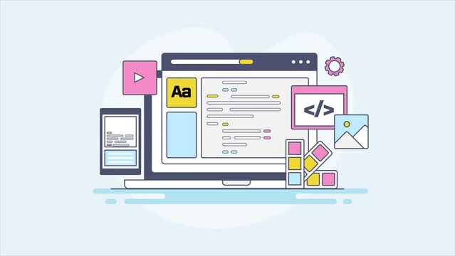 Software application programming code on laptop and smartphone screen, web development, cross testing, website script, technology video animation for presentation.