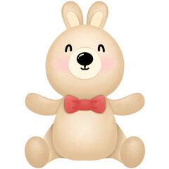 little brown rabbit wearing a cute red bow, raising both hands, sitting in a sitting position