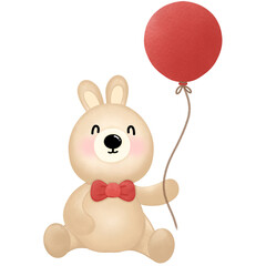 Little brown rabbit holding a red balloon in a sitting position.