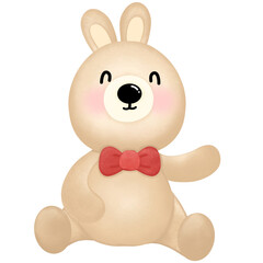 little brown rabbit wearing a cute red bow, raising both hands, sitting in a sitting position