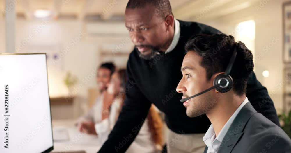Poster call center, team manager and a man with help at computer for customer service, advice or crm. consu