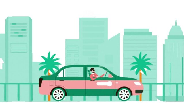 animation of a man driving a car in the city