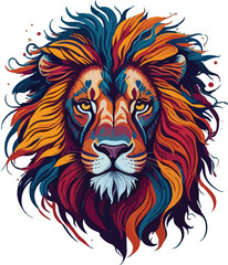 Colorful lion face drawing vibrant vivid colored t-shirt design vector illustrations. Splatter-spotted mighty lion roar