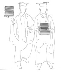 Fototapeta na wymiar One continuous line of two university student graduation celebration with books. Thin Line Illustration vector concept. Contour Drawing Creative ideas.
