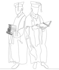 One continuous line of two university student graduation celebration with books. Thin Line Illustration vector concept. Contour Drawing Creative ideas.