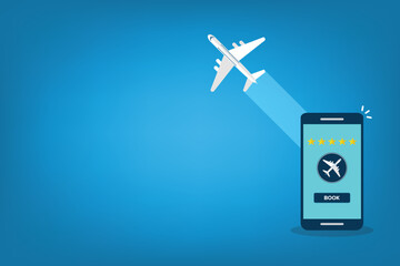 Book airplane travel flight button on mobile phone, review rate stars of airline smartphone app, best trip rating. Vector illustration