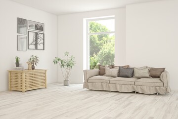 Modern interior concept with sofa and summer landscape in window. 3D illustration