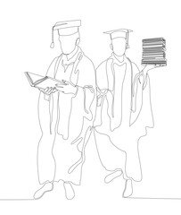 One continuous line of two university student graduation celebration with books. Thin Line Illustration vector concept. Contour Drawing Creative ideas.