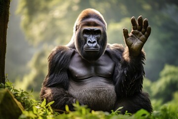 Fototapeta na wymiar Silverback Gorilla crossing hands. African wild animal - Generative AI