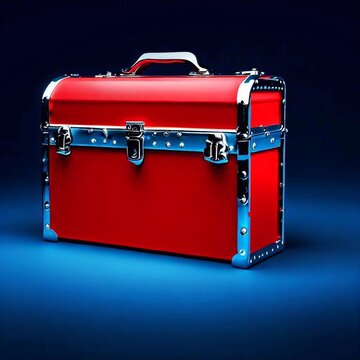red toolbox isolated on blue background 