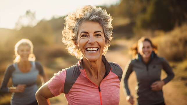 Woman Jogging In Park. Old Woman And Friends Forest, Running  Wellness, Outdoor Challenge Or Hiking In Nature. Runner, Athlete Or Latin Sports Person 