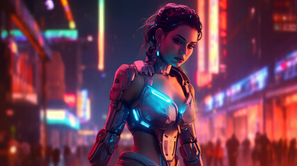 cyborg woman in the city of the future