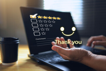 The customer was thanked after answering the questionnaire on the computer screen. Online customer...