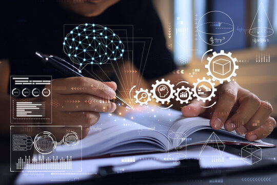 A designer or developer puts brain knowledge of mathematics or physics on paper or notebooks before designing a product. Creating new innovation requires creativity and new ideas. sciencetist writing.