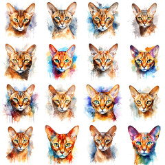 Set of cats painted in watercolor on a white background in a realistic manner, colorful, rainbow.