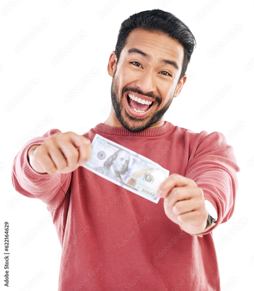 Wall mural Dollar, winner and man with cash money in hands for prize isolated on png, transparent background. Excited asian person portrait with paper bill for reward, lottery or competition award or bonus win