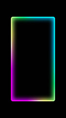 Glowing frame. Neon background. Purple cyan blue green color light fluorescent led square on dark black geometric abstract empty space.
