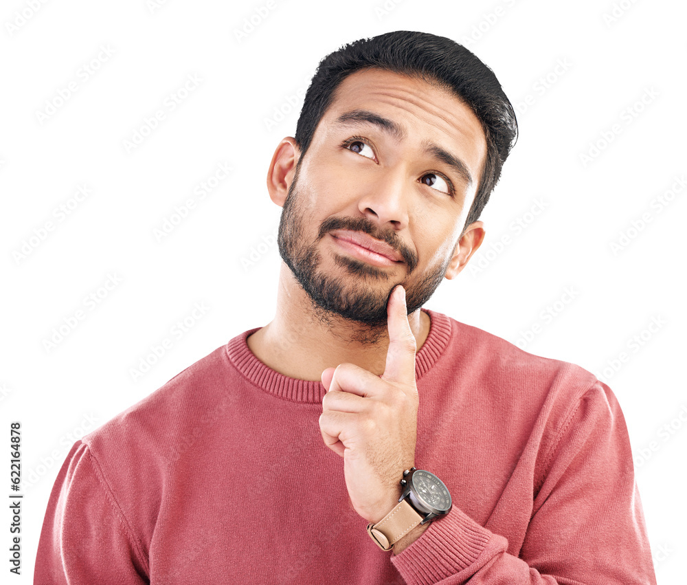 Poster opportunity, thinking and asian man with ideas, solution and guy isolated against a transparent back