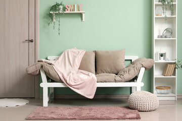 Interior of modern living room with sofa, shelving unit and door