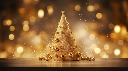 A beautifully decorated Christmas tree adorned with twinkling lights, surrounded by a golden bokeh