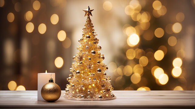 A beautifully decorated Christmas tree adorned with twinkling lights, surrounded by a golden bokeh. Generative AI