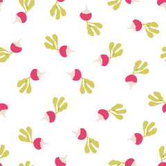 Radish, seamless pattern. Endless vegetable background. Natural food, vegetarian repeating print. Repeatable texture design. Flat vector illustration for textile, fabric, wrapping, wallpaper
