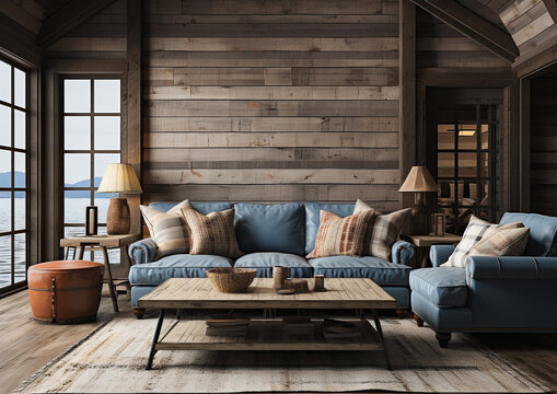  blank wall farmhouse, cottage,  style interior mockup living room