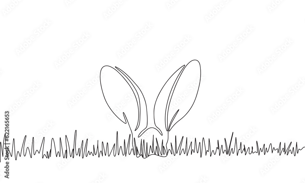 Poster rabbit ears in the grass one line continuous. easter concept banner. line art outline vector illustr