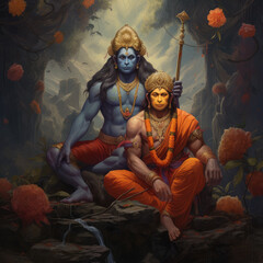 Lord hanuman and lord ram generative AI - obrazy, fototapety, plakaty