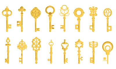 Set of vintage golden skeleton keys isolated on white background