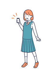 スマートフォンを持つ女子高生＿全身