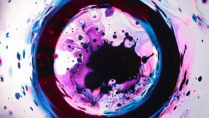 Paint swirl. Interstellar cloud. Pink blue red liquid splash in black circle frame ink floating...