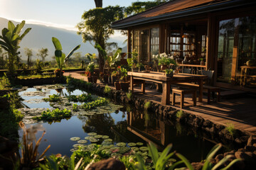 Fototapeta na wymiar Small house, surrounded by the serenity of green rice fields, fish ponds, and vegetable gardens