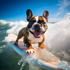 french bulldog surfing on the sea,Generative AI