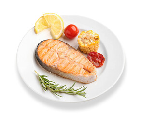 Plate with tasty grilled salmon steak on white background