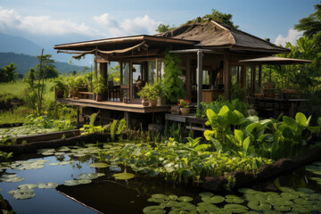 Fototapeta na wymiar Nestled amidst the serene and picturesque landscapes of rural Thailand, a small hut stands proudly