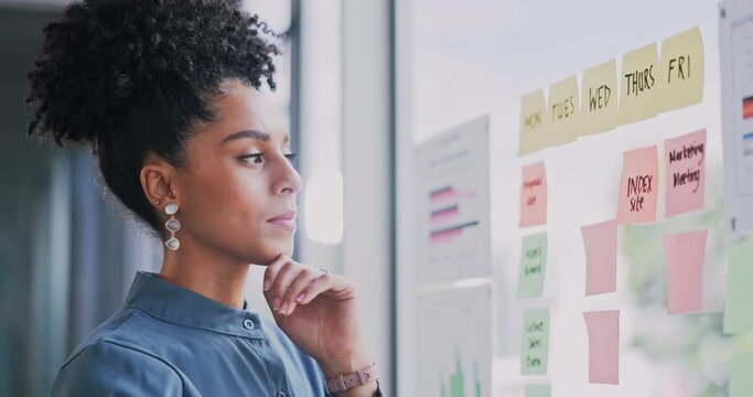 Ideas, glass and woman thinking, planning and project timeline, calendar management or sticky note schedule. Brainstorming, date priority and african person on window for business solution or planner