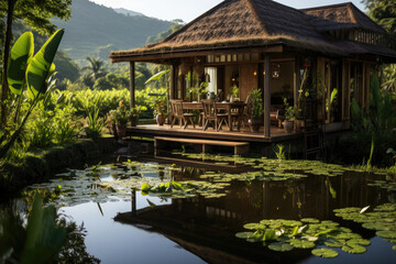 Fototapeta na wymiar Nestled amidst the serene and picturesque landscapes of rural Thailand, a small hut stands proudly