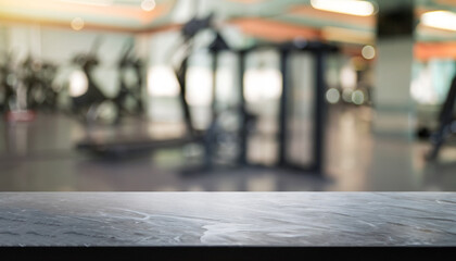 Empty black marble stone table top on blurred with bokeh Exercise room, fitness and gym interior background - can be used for display or montage your products