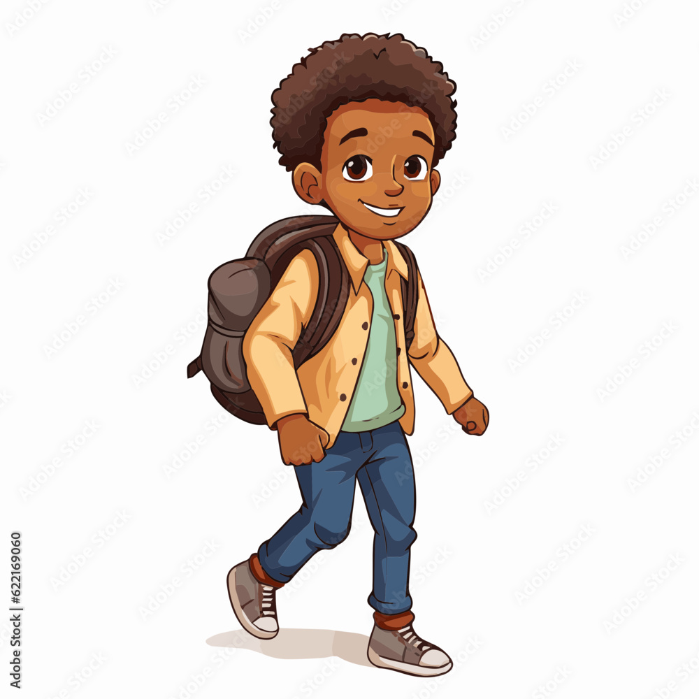 Wall mural simple cartoon clipart black african american boy student child going to school white background