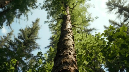 Fototapeta premium Illustrating the sustainable future of green energy, a tree trunk extends toward a blue sky with lush green leaves in view. The beauty and vitality of nature's renewable resources. Generative AI
