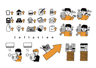 物価上昇、価格高騰、燃料高騰などインフレに関するイラストセット
