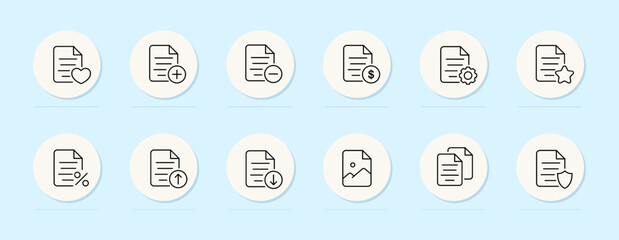 File line icon. Plus, minus, information, settings, data security, heart, favorites. Pastel color background. Vector line icon for business