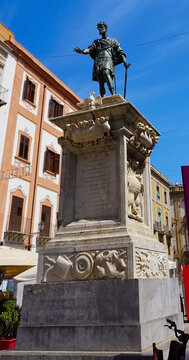 Palermo, Italy - May 26, 2023: The statue of the king Charles V made by the sculptor Scipione Li Volsi in the Piazza Bologni, Palermo